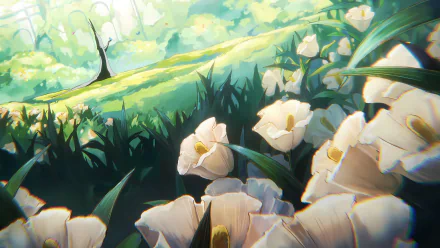 A vibrant 4K Ultra HD anime wallpaper featuring white flowers in a sunlit forest clearing from One Piece, highlighting Imu Sama's serene environment.