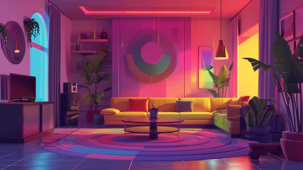 A vibrant, aesthetic living room featuring a yellow sofa, colorful decor, and lush plants. This HD desktop wallpaper showcases a modern interior design with unique lighting.