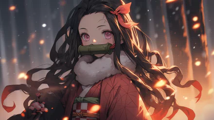 HD wallpaper featuring Nezuko Kamado from Demon Slayer: Kimetsu no Yaiba. She stands amidst a backdrop of swirling flames and a mystical forest, exuding strength and grace.