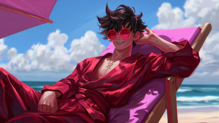 HD Anime Wallpaper of a relaxed anime boy lounging on a beach chair with stylish red sunglasses set against a vibrant beach backdrop.