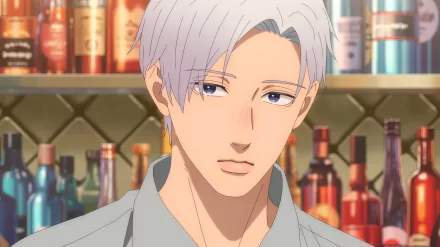 Anime character with silver hair in front of a bar, showing a sign of affection - HD desktop wallpaper and background.