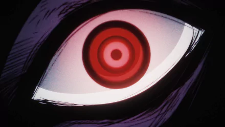 HD PC desktop wallpaper and background of Imu Sama (One Piece) — extreme close-up of an anime eye with glowing concentric red rings and dark purple shadows.