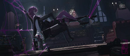 HD PC desktop wallpaper featuring Kafka from Honkai: Star Rail in a dark room with purple neon accents and a mysterious atmosphere.