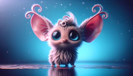HD desktop wallpaper featuring a cute, fantastical creature inspired by Jigglypuff from Pokémon with large eyes and whimsical design elements, set against a magical blue background.