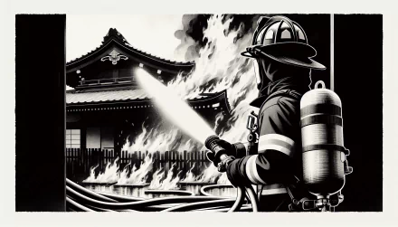 Firefighter spraying water on fire at traditional building, HD black and white desktop wallpaper.