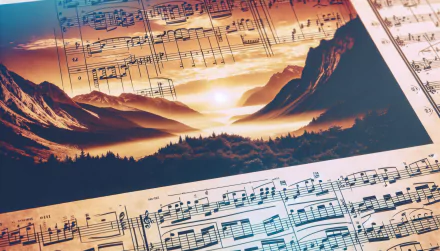 HD desktop wallpaper featuring sheet music overlay on a scenic mountain sunset background.