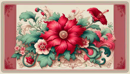 HD desktop wallpaper featuring an intricate red flower design with a vintage aesthetic for background use.