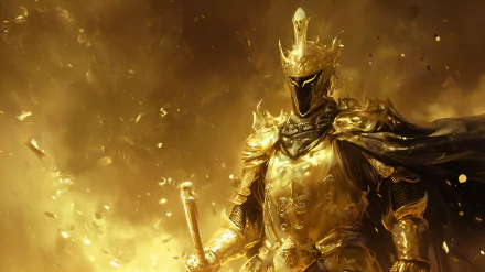 HD wallpaper of a majestic golden armored king with crown and sword for desktop background.