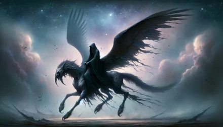 HD desktop wallpaper featuring a dramatic illustration of a Nazgûl on its winged mount against a twilight sky with stars.