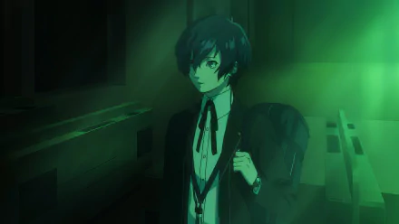 HD desktop wallpaper from Persona 3 Reload featuring a stylized character in a green-tinged setting.