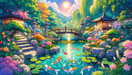 A serene water garden scene with koi swimming among lily pads, vibrant flowers, and traditional architecture under a glowing sunset, creating a tranquil HD wallpaper.