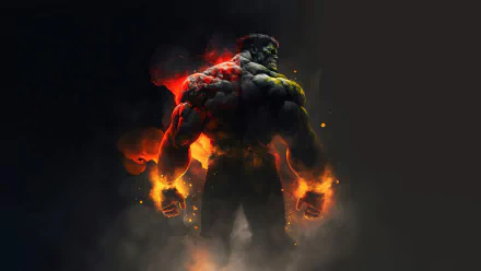 HD wallpaper of the Hulk in a powerful stance with fiery effects, creating an intense comic-themed background.