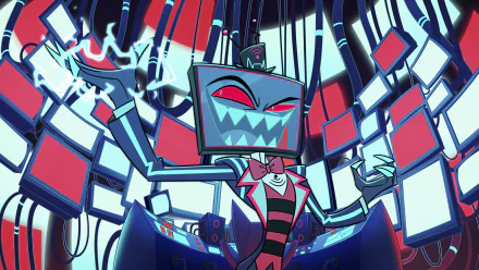 High-definition desktop wallpaper featuring Vox from the animated TV show Hazbin Hotel, with vibrant colors and dynamic electronic-themed background.
