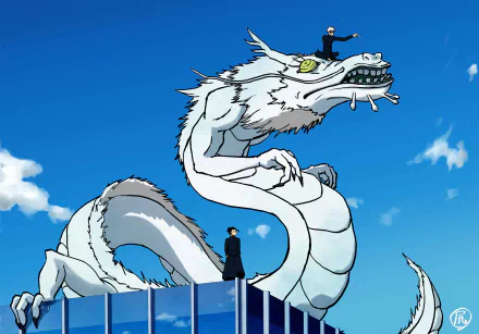 HD anime wallpaper featuring Suguru Geto and Satoru Gojo from Jujutsu Kaisen standing beside a large white dragon under a bright blue sky.