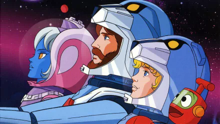 Ulysses 31 anime characters in space suits against a starry background, HD desktop wallpaper.
