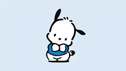 HD Anime-style Pochacco desktop wallpaper featuring the adorable white dog character with blue collar on a pastel blue background.