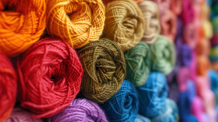 A vibrant collection of yarn in various colors, arranged neatly in rolls, creating a visually striking and colorful backdrop for a HD desktop wallpaper.
