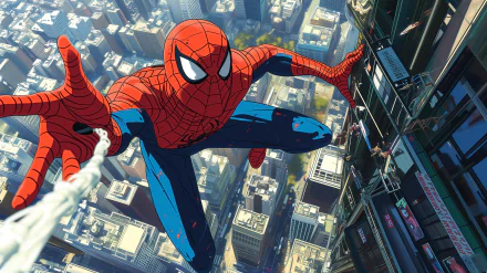 High-resolution Spider-Man wallpaper depicting the superhero swinging through a cityscape for desktop background.