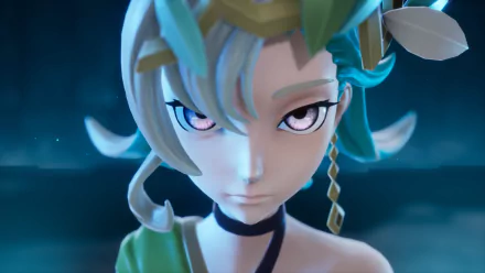 HD desktop wallpaper featuring a close-up of a stylized female character from the video game Palworld, with a mysterious expression against a dark background.