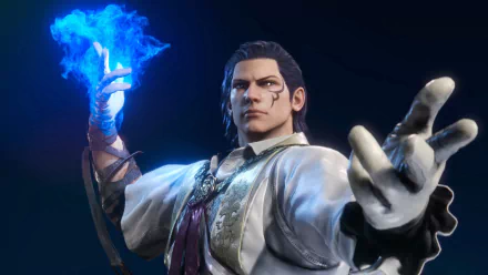 HD desktop wallpaper of Claudio Serafino from Tekken 8, showcasing the character with a mystical blue flame in his hand against a dark background.