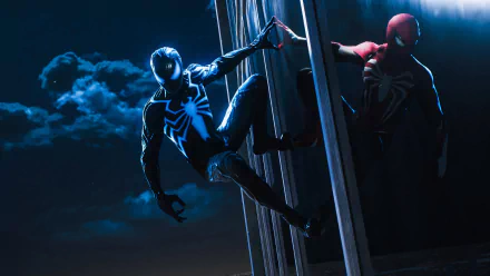 HD desktop wallpaper featuring two Spider-Man characters from Marvel's Spider-Man 2 video game, gracefully poised mid-action against a moody, cloud-streaked night sky background.