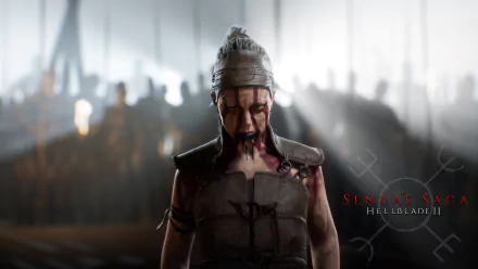 HD desktop wallpaper featuring the character from Senua's Saga: Hellblade II, set against a blurred backdrop of warriors with the game's title overlaid.