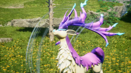HD wallpaper featuring a majestic creature from the video game Palworld, set in a vibrant field with flowers and a tree.