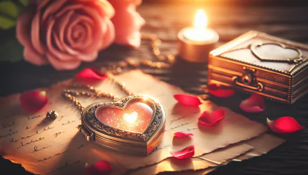 Romantic Valentine's Day themed HD desktop wallpaper featuring a heart-shaped locket, rose petals, a lit candle, and a vintage love letter.
