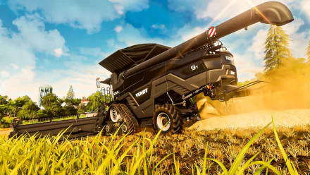 Farming Simulator, Farming Simulator 19 - 4K Ultra HD PC desktop wallpaper of a low-angle black combine harvester kicking up dust while harvesting golden crops beneath a bright blue sky.