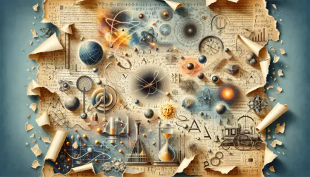 HD desktop wallpaper featuring an artistic collage of physics concepts with vintage diagrams, celestial illustrations, atomic structures, and mathematical equations on a parchment-like background.