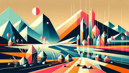 Colorful abstract geometric landscape HD wallpaper with mountains, lakes, and futuristic city elements for desktop background.