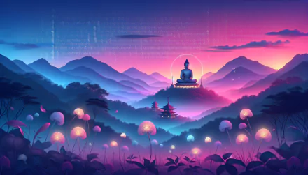A serene digital landscape featuring a Buddha statue amid vibrant mountains and glowing flowers, embodying themes of Buddhism in stunning HD quality.