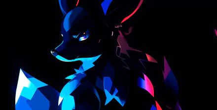 HD desktop wallpaper featuring the Pokémon Lucario in a modern, abstract art style with vibrant blue and black colors.
