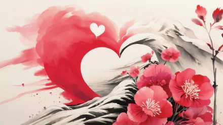 Valentine's Day themed HD desktop wallpaper featuring artistic heart design with red flowers and abstract waves.