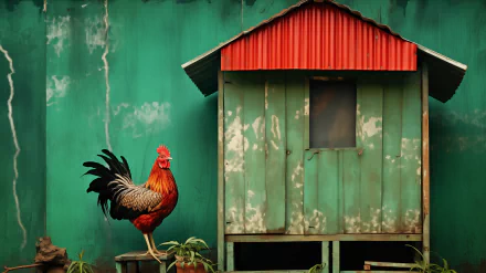 HD desktop wallpaper of a rooster standing in front of a green chicken coop with a red roof.