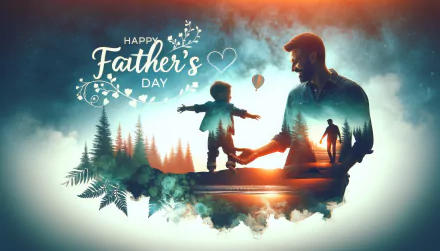 A vibrant HD wallpaper celebrating Father's Day, featuring a silhouette of a father and child against a dreamy landscape, adorned with the text Happy Father's Day.
