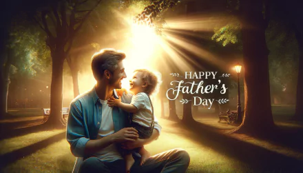 Happy Father's Day HD wallpaper featuring a tender moment between a father and child with warm sunlight filtering through trees.