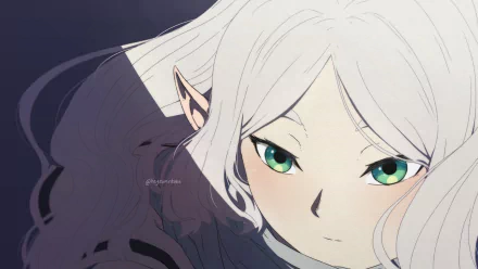 Close-up of Frieren from the anime Frieren: Beyond Journey's End, featuring her distinctive white hair and green eyes in a HD PC desktop wallpaper style.