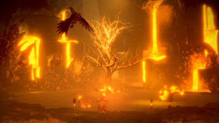 A breathtaking HD wallpaper from the video game Palworld, showcasing a dramatic landscape with glowing trees and a soaring bird against a fiery background.