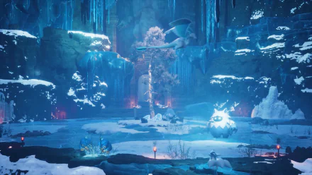 A stunning HD desktop wallpaper from the video game Palworld, featuring a serene icy landscape with glowing elements and mysterious creatures amidst a tranquil winter scene.