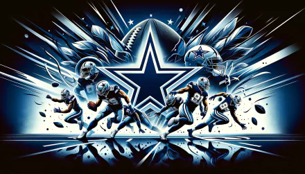 Dynamic HD desktop wallpaper featuring stylized Dallas Cowboys football players in action, with a prominent star logo, embodying the energy of NFL Super Bowl sports.