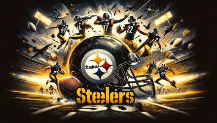 HD wallpaper featuring dynamic artwork of Pittsburgh Steelers players and logo, capturing the spirit of NFL football and Super Bowl excitement.