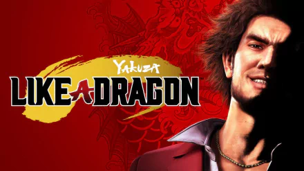 HD wallpaper of Yakuza: Like a Dragon video game with protagonist on red background.