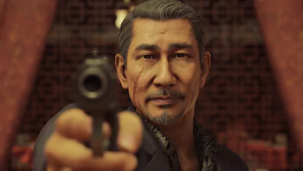 Yakuza: Like a Dragon HD wallpaper featuring a close-up of a character aiming a handgun with a focused expression.