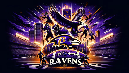 A vibrant HD wallpaper featuring the Baltimore Ravens, showcasing dynamic football players, the iconic team logo, and an energetic urban backdrop, capturing the spirit of NFL and Super Bowl excitement.