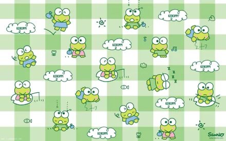 HD desktop wallpaper featuring a pattern of the anime character Keroppi from Sanrio on a checkered green background.