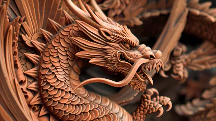 Intricately carved wooden dragon for diverse fantasy-themed HD desktop wallpaper emphasizing Asian artistry.