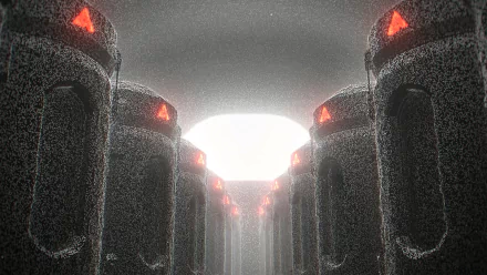 BlazBlue Entropy Effect HD wallpaper featuring mysterious monoliths with glowing red lights in a foggy atmosphere.