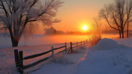 HD desktop wallpaper featuring a winter sunrise with a snow-covered landscape and trees, emitting a warm glow against the cold scene.