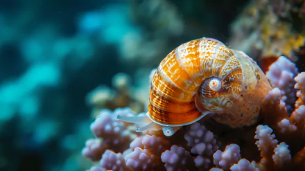 Vibrant orange sea snail gliding over coral underwater, an ideal HD wallpaper for ocean and nature enthusiasts.